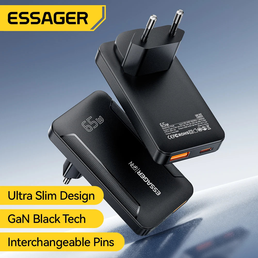 Essager Ultra Thin 65W GaN pro Travel Charger Quick Charge 4.0 PD3.0 Portable Type-C for iPhone 17 16 15Samsung MacBook Laptop