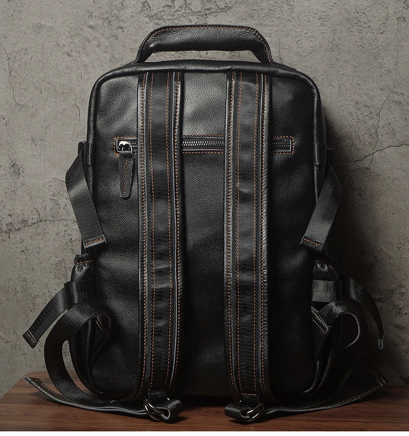 NUKA Men Top Grain Leather Backpack 15 Inch Laptop Bag For Daily Commute Travel Outdoor Hiking Genuine Leather Durable Rucksack