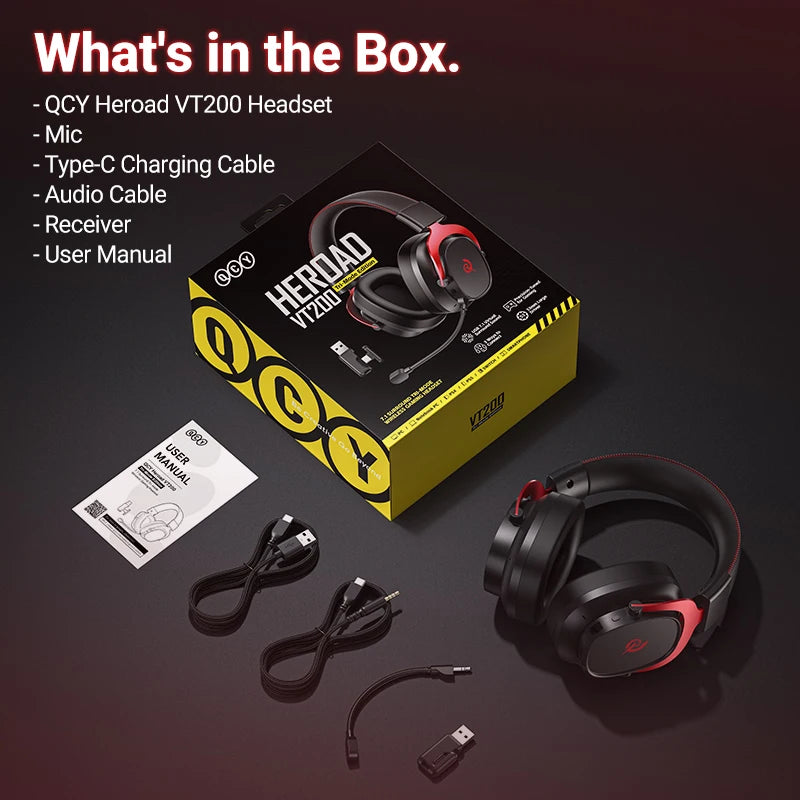 QCY Heroad VT200 Wireless Gaming Headset Detach Mic Over ear Headphone Tri-Mode 7.1 Surround Sound for PC/PS4/PS5 Headset Gamer