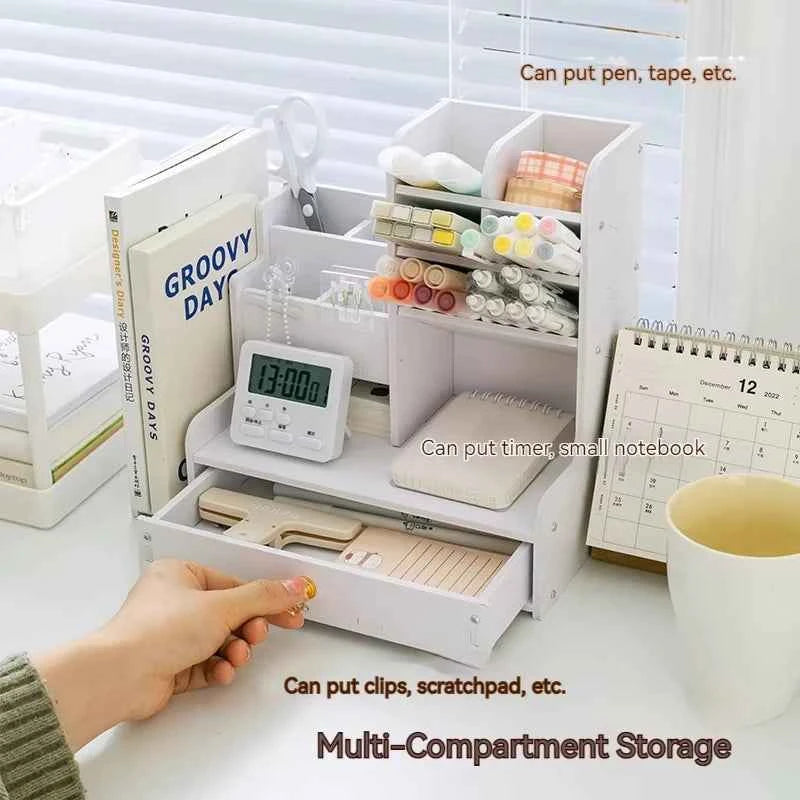 Mark Pen Pencil Holder Wooden Desk Organizers Shelves Accessories Desktop Stationery Organizer Bookshelf Home Office Storage Box