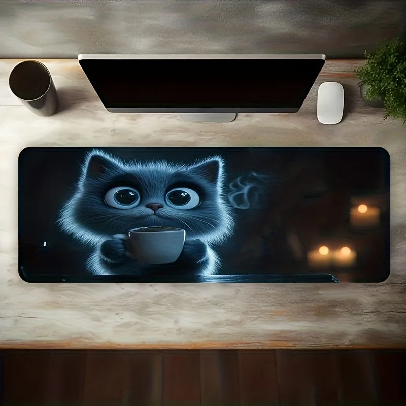 1 Large Gaming Mouse Pad - Non-Slip Washable Surface, Cute Cat Holding Coffee Design, Expressive, Extra-Long Desk Mat for PC, Office, Esports - Ideal Gamer