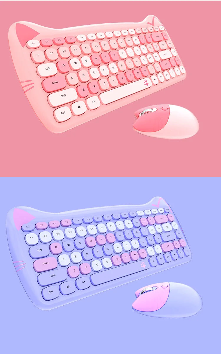 MOFII Kawaii Cat 2.4G Wireless Keyboard and Mouse Set Cute Lipstick Punk Keyboards and Mice Combos for Laptop PC Home Office