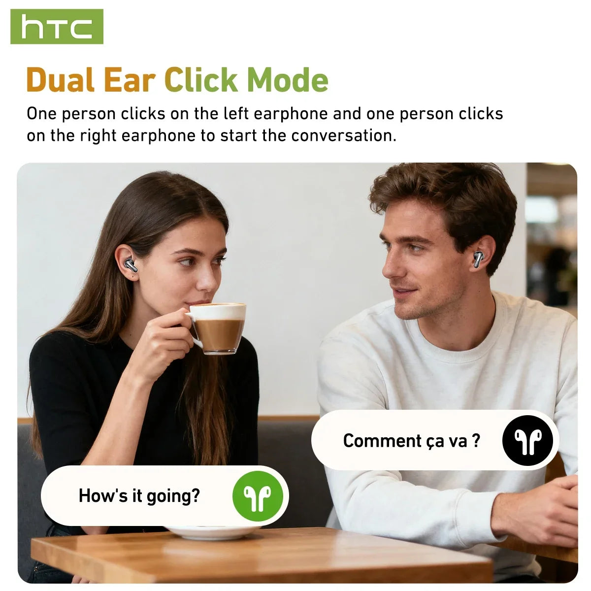 HTC NE48 Slider Headphones Wireless with a Colorful HD Display Touch Control In-Ear Bluetooth Earphones AI Translation Earbuds