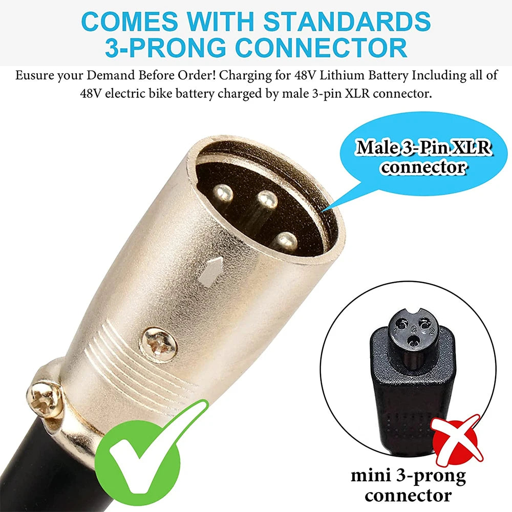 48V 2 Amp Charger Output 54.6V 2A  Charger 48V 3-pin XLR Male Plug for 48volt Charger 13S Lithium Battery Pack
