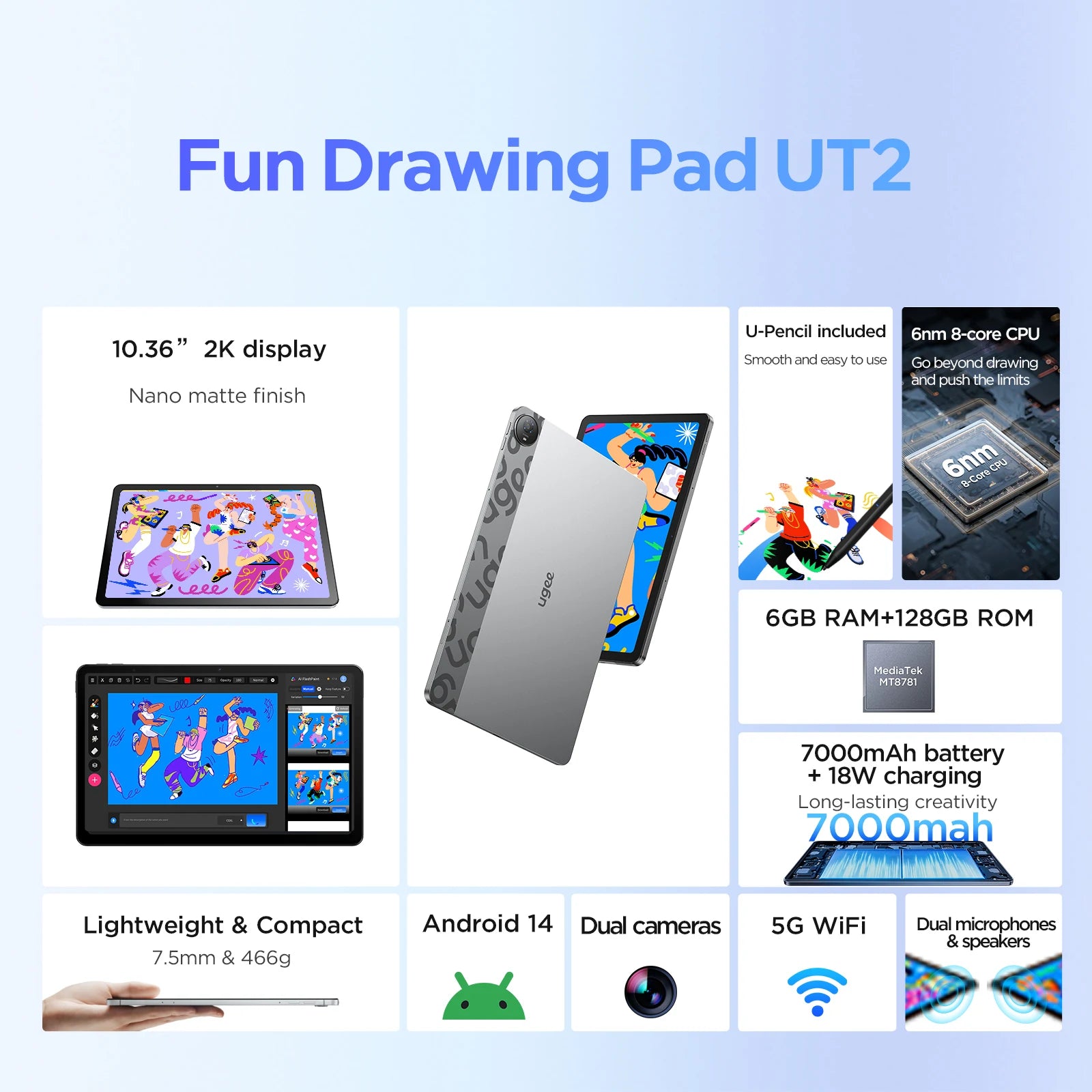 UGEE UT2 Fun Drawing Pad 6GB+128GB Full-Laminated Screen 2K Ultra HD Android 14 Tablet Drawing 7000mAh+18W 10.36 inch with Pen