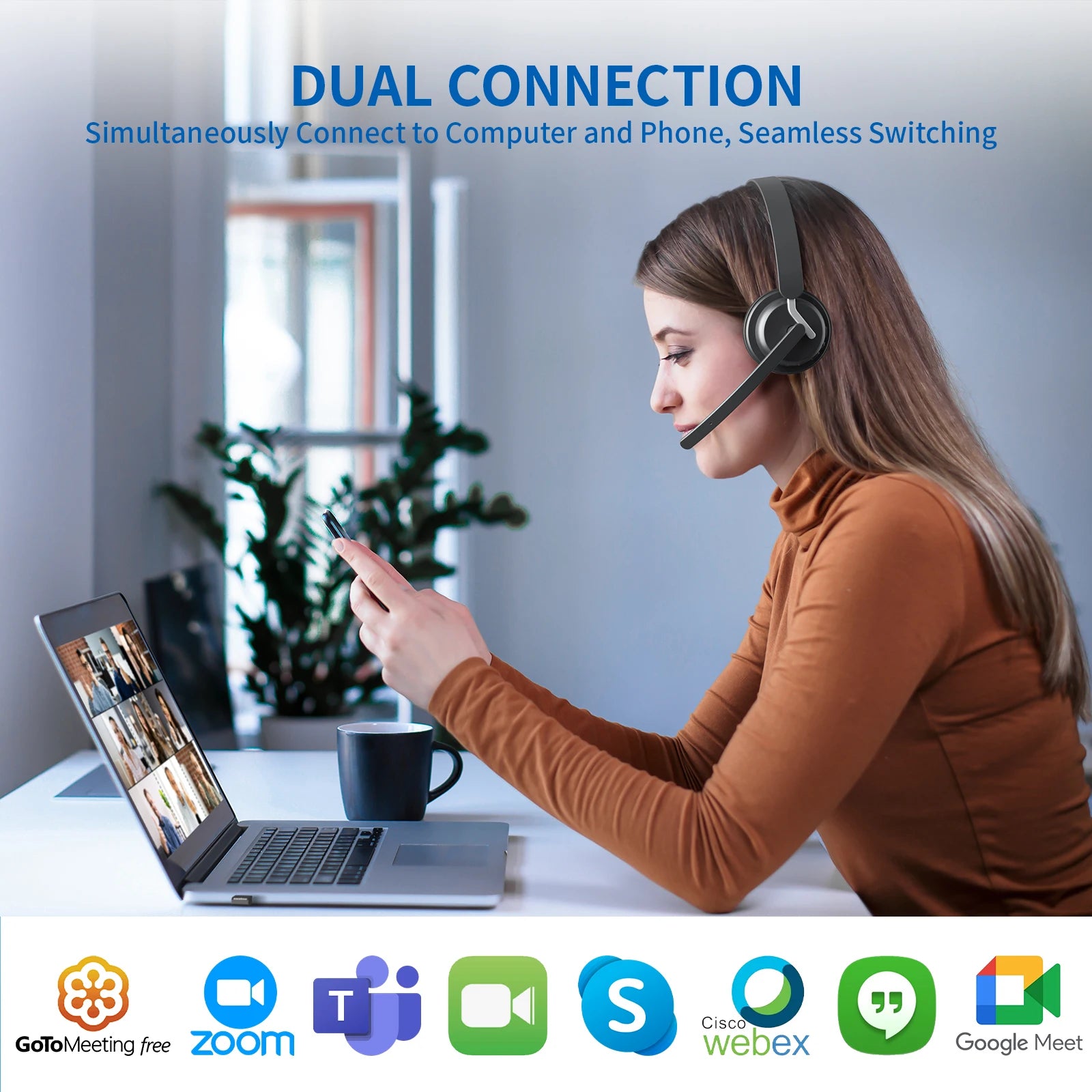 AWATRUE EH11 Wireless Bluetooth Headset with AI Noise Cancelling Mic & Charging Base 2.4GHz Wireless Headphone with USB Dongle