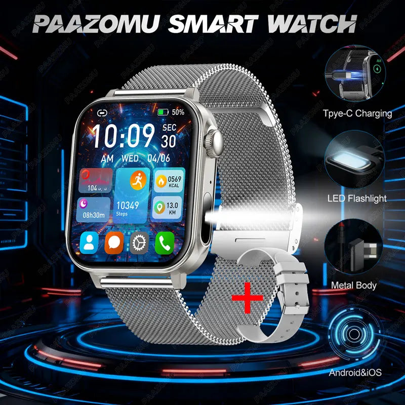 2025 New Smart Watch Men Women Type-C Charging Heart Rate LED Flashlight Bluetooth Call IP68 Waterproof SmartWatch for Android