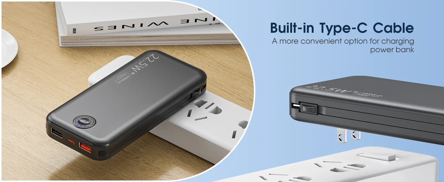 Portable Charger for iPhone Built in Cables and Wall Plug,12000mAh Slim Fast Charging USB C Power Bank,Travel Essential