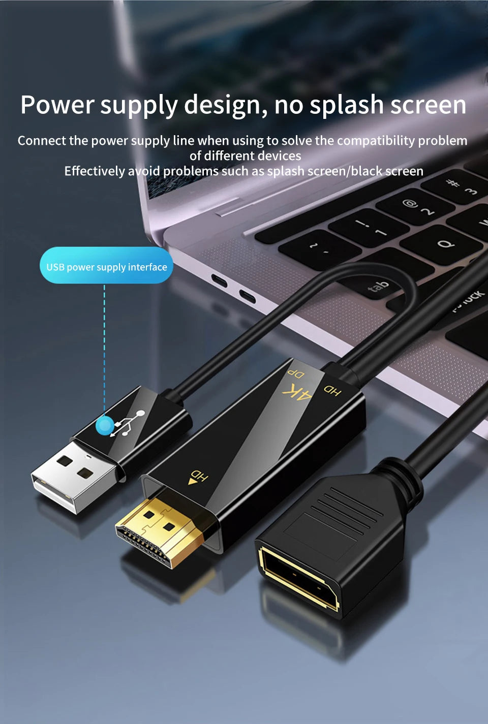 4K@60Hz HDMI-compatible Male to DisplayPort Female Adapter with USB Power, Unidirectional Converter for Gaming Monitor PC PS5