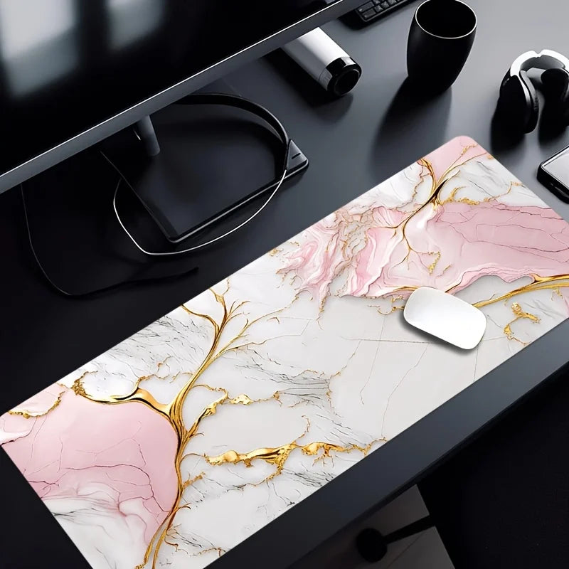 1pc Large Gaming Mouse Pad, Pink Marble Pattern | Non-Slip, Washable Rubber Base, Extra Large Desk Mat, Suitable for Office Decor, Computer Decoration