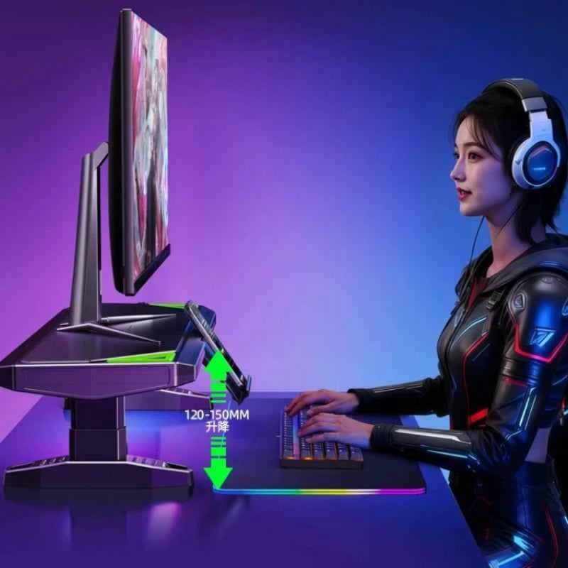‌Knob-Adjusted Monitor Riser, Ergonomic Dual USB Stand, Elevated Desktop Platform, Keyboard Storage Organizer Solution