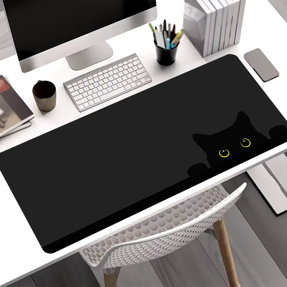 Large Black Cute Cat Mouse Pad Gaming Non-slip Rubber Base Precise Seam Design Washable Durable PC Desk Mat for Games and Office