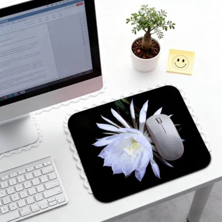 White Floral Mouse Pads for Desk, Portable Computer Mouse Pad Small Square Mousepad, Non-Slip Rubber Base Design for Office Des
