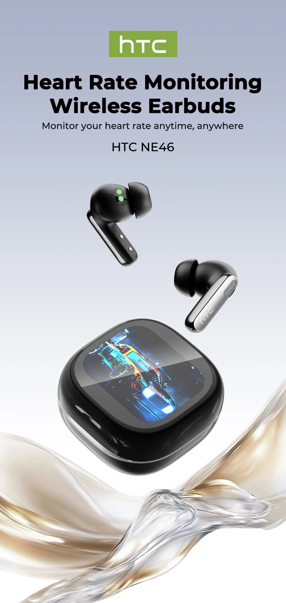 HTC NE46 TWS Earbuds BT 6.0 Heart Rate Monitoring Earbuds Smart Screen Charging Case  Noise Cancelling HiFi Stereo AI Translator