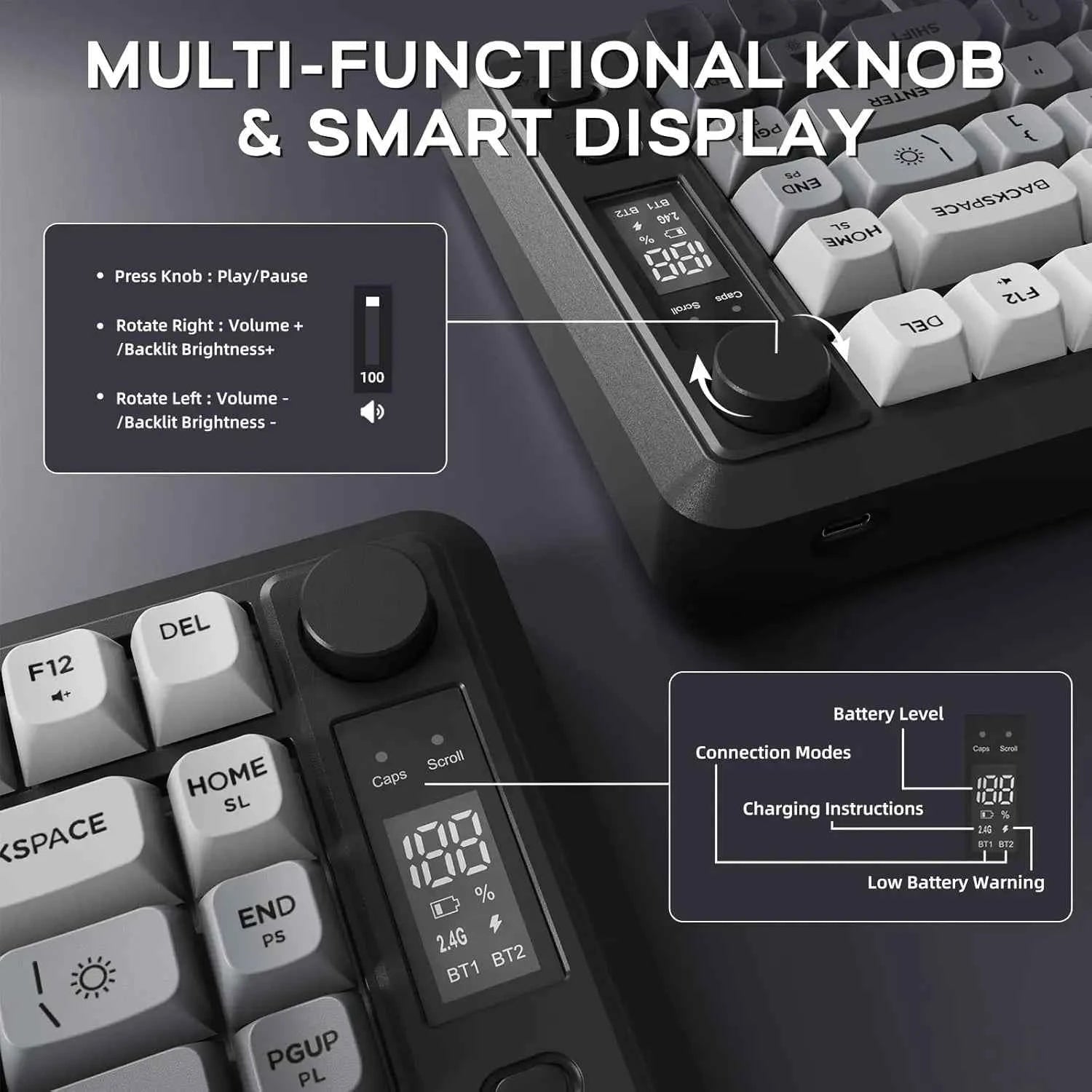 ATTACK SHARK M75 Wireless Membrane Gaming Keyboard with Knob&OLED Display Bluetooth/2.4Ghz Rainbow Backlit Gradient PBT Keycaps