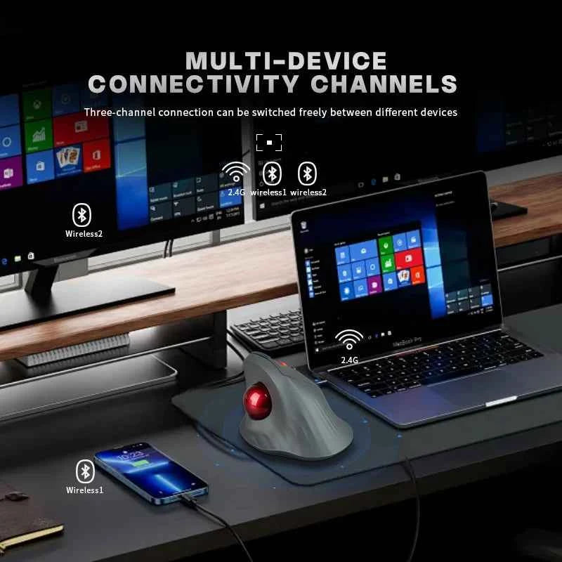 Ergonomic Bluetooth5.1 Dual Modes Wireless Vertical Trackball Mouse 1600DPI Rechargeable Silent Trackball Mice for Win/iOS