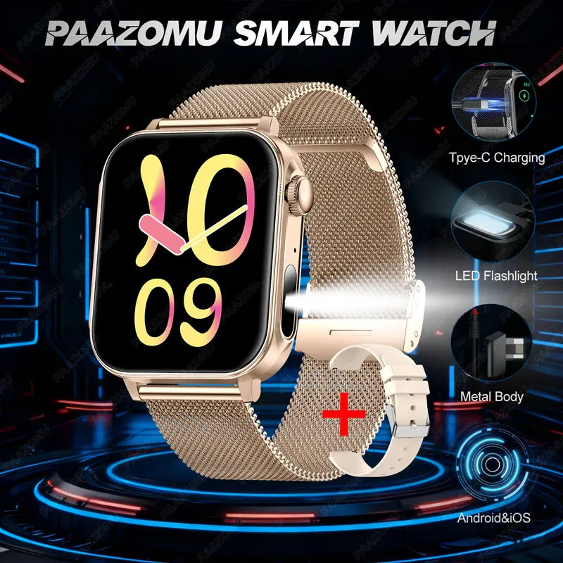 2025 New Smart Watch Men Women Type-C Charging Heart Rate LED Flashlight Bluetooth Call IP68 Waterproof SmartWatch for Android
