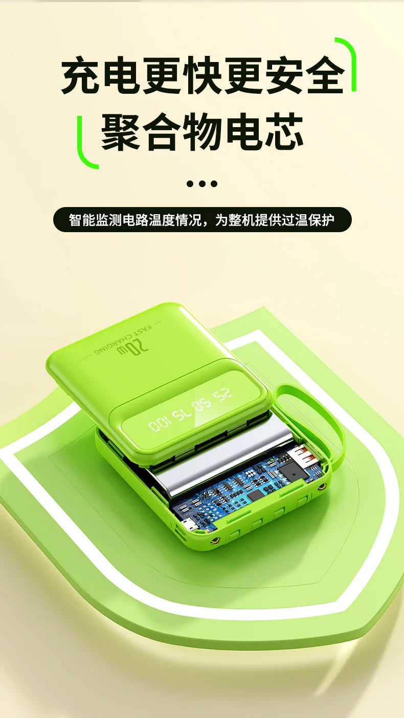 20000mAh 10000mAh Power Bank Built-in Cable Phone External Battery Powerbank Charger for Xiaomi Poco iPhone Samsung iPad