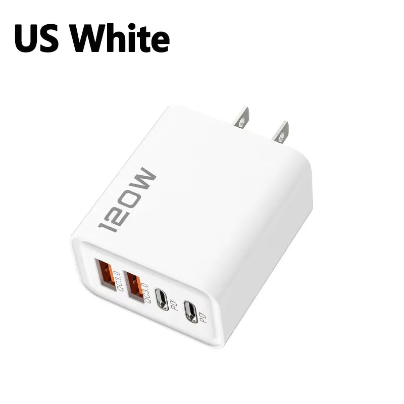 4 Ports 120W Charger USB C PD Quick Charge 3.0 Type C USB Phone Chargers Fast Charging Adapter For iPhone Samsung Xiaomi Huawei
