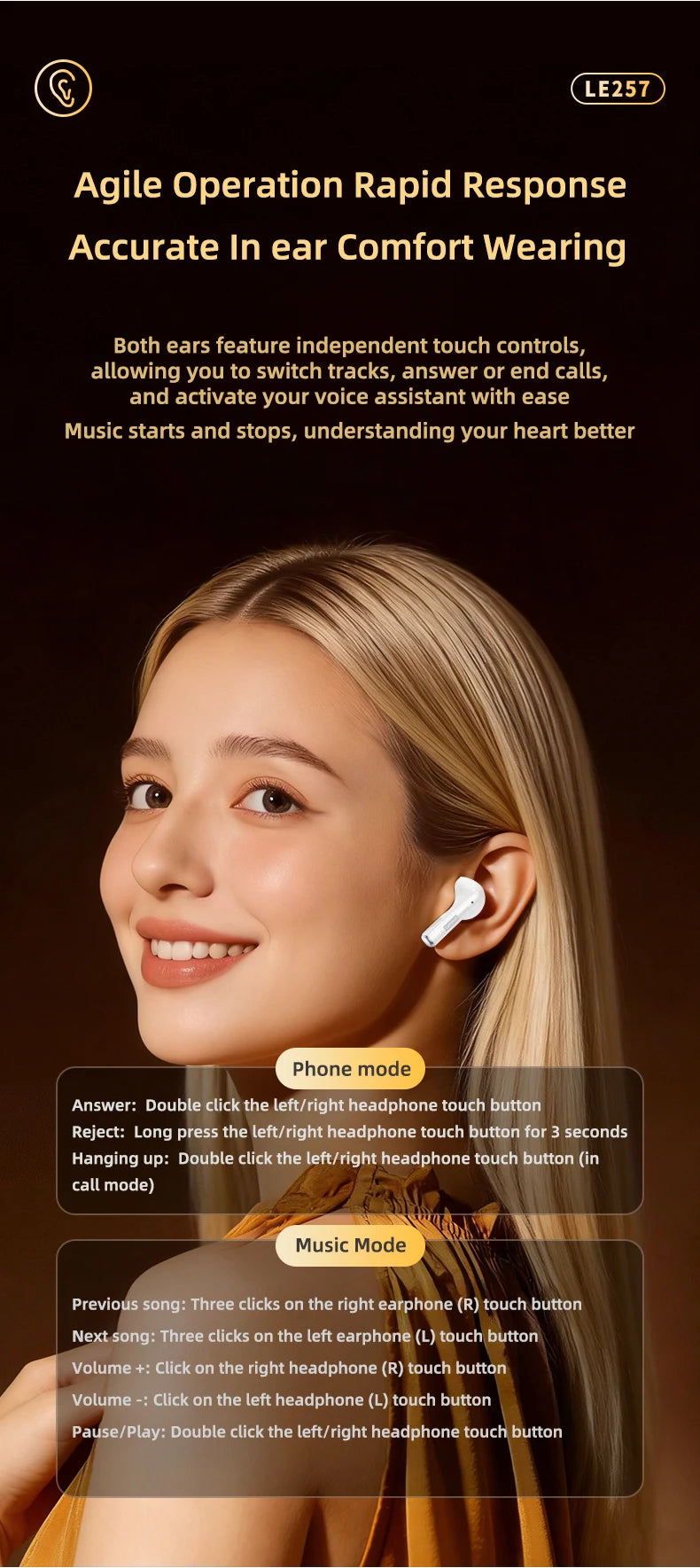 Lenovo LE257 Wireless Bluetooth 6.0 Earphones HiFi Sound ENC Call Noise Reduction TWS Headphones Gaming Sports Headset with Mic