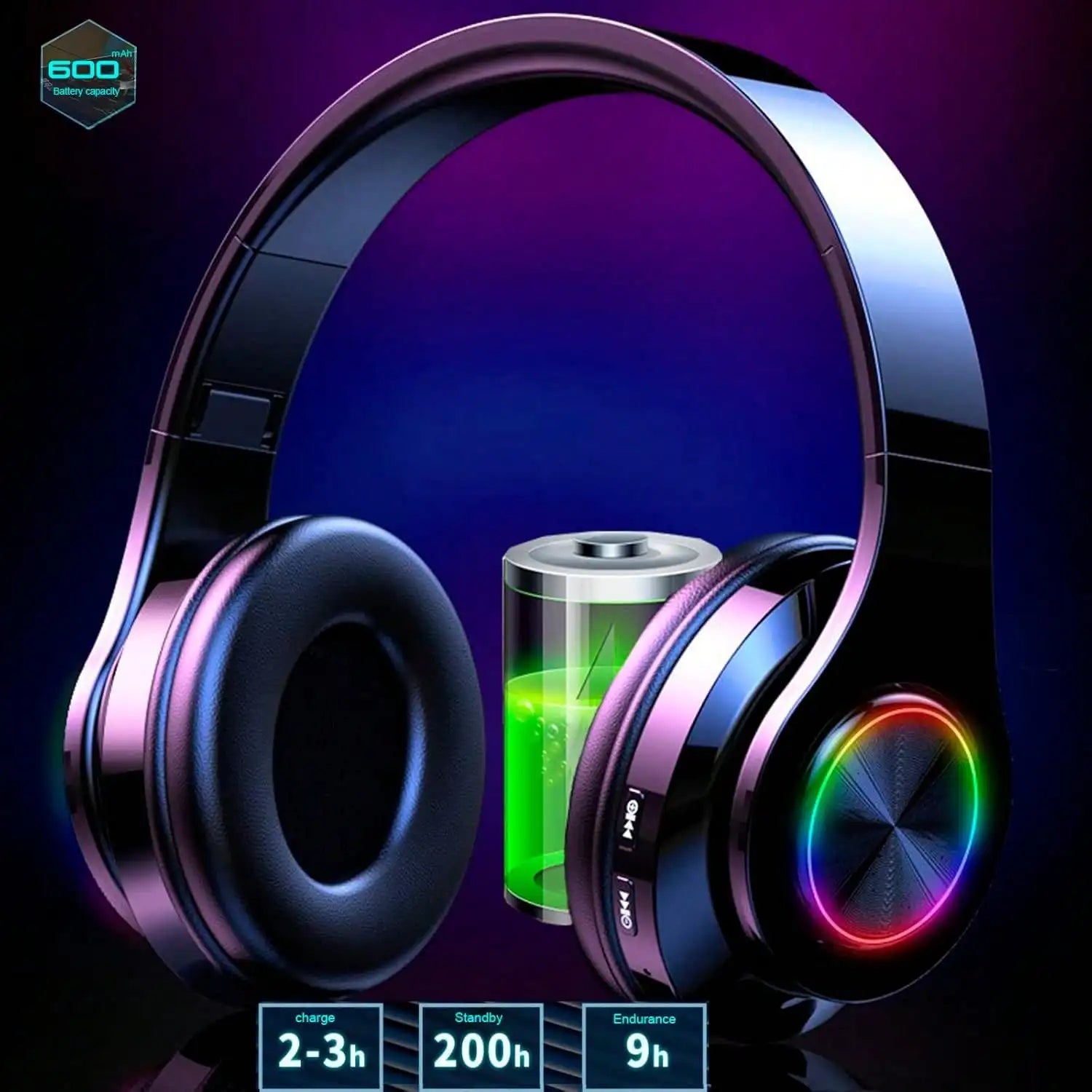 Bluetooth 5.3 Over-Ear Headphones, Active Noise Reduction, Subwoofer Bass, LED Light Design, Foldable Portable Wireless Headset for Gaming, Music, Sports, Phones & Computers
