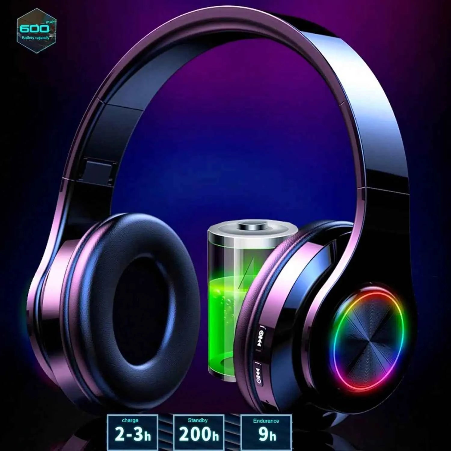 Bluetooth 5.3 Over-Ear Headphones, Active Noise Reduction, Subwoofer Bass, LED Light Design, Foldable Portable Wireless Headset for Gaming, Music, Sports, Phones & Computers