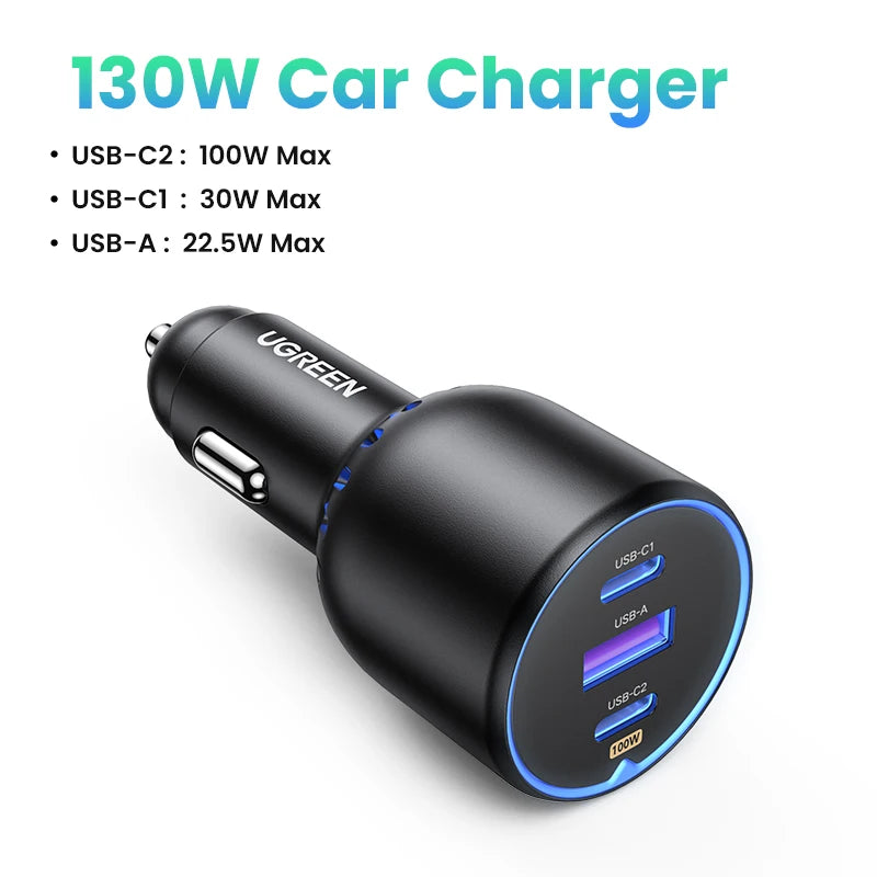 UGREEN 130W USB C Fast Car Charger For Xiaomi iPhone 17 Samsung Galaxy S25 Laptops PD3.0 Fast Charging USB Type C Car Charger