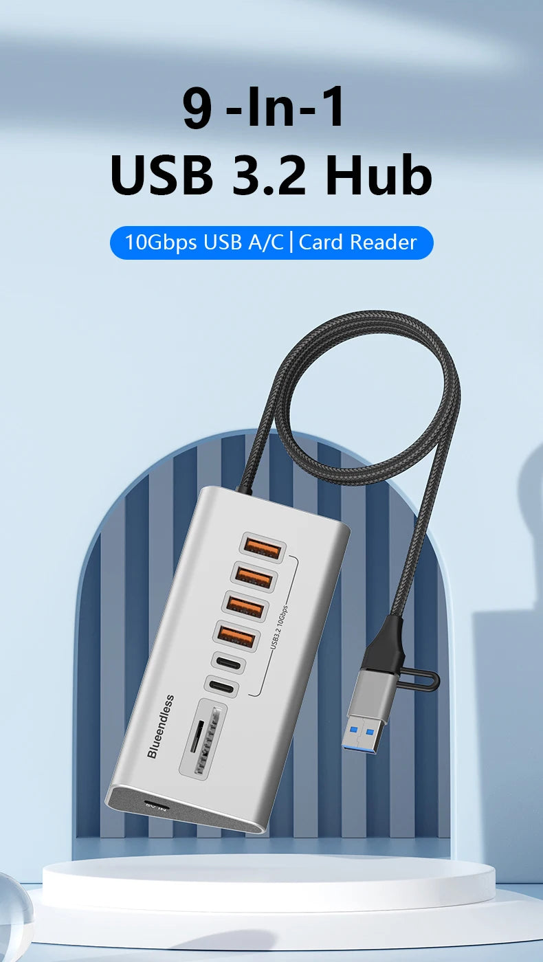 USB 3.2 10Gbps Hub USB Docking Station Type C Splitter with Card Reader Aluminum Alloy Multi 8/9 Ports Switch For PC Laptop