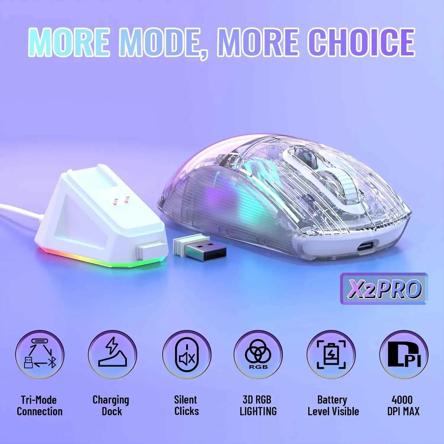 ATTACK SHARK X2Pro Wireless Gaming Mouse with RGB Charging Dock,Tri-Mode Mute Mouse RGB Backlit,Transparent Shell,PixArt 3212