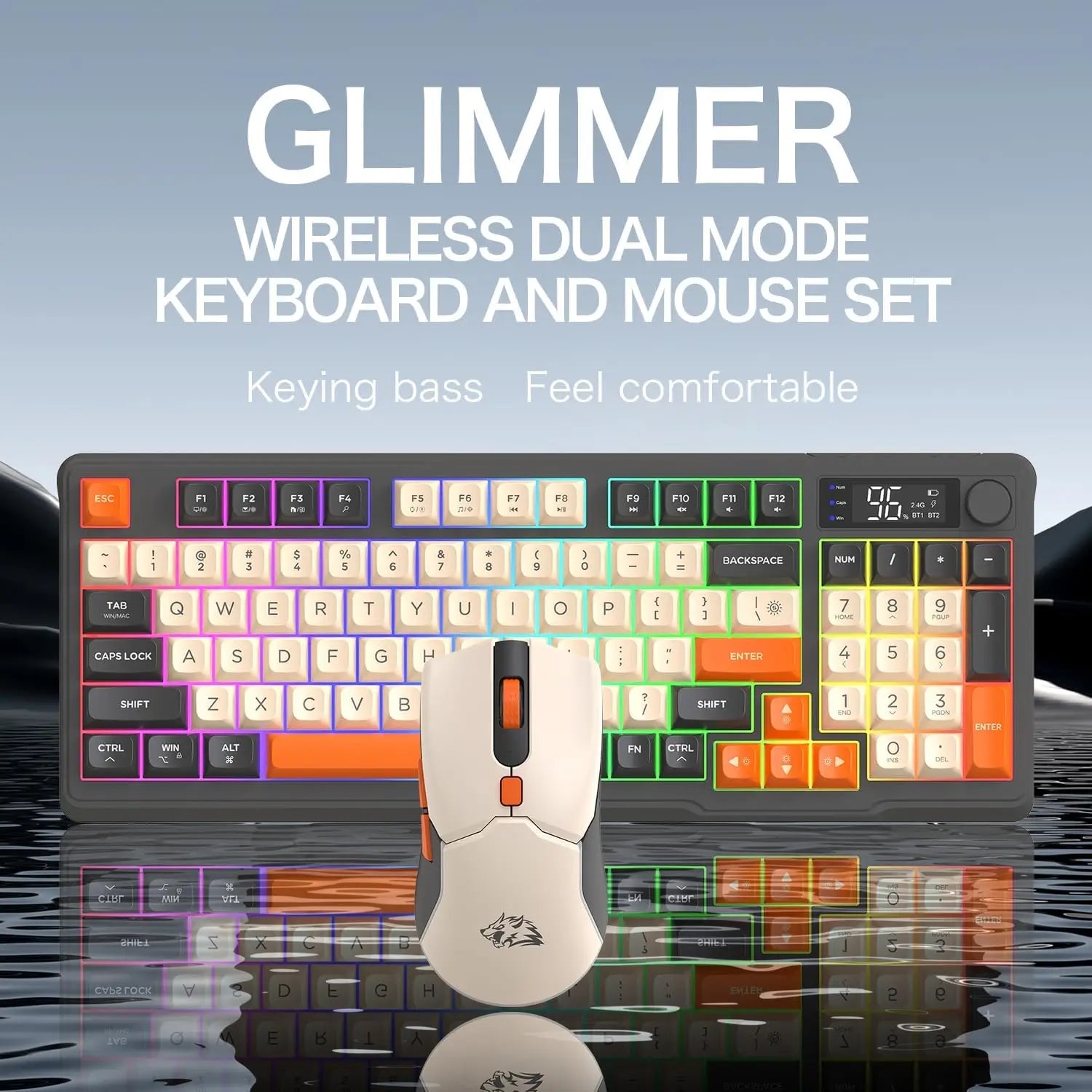 MAMBASNAKE x FREEWOLF T96 Smart Display Wireless Membrane Keyboard and Mouse Comb, 94Key LED Lighting Rechargeable Silent