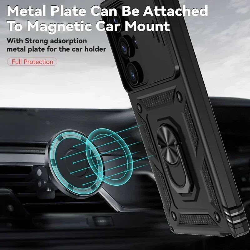 Slide Camera Lens Military Grade Armor Case For Samsung Galaxy S25 Ultra Plus S24FE A16 A06 A26 A36 A56 Holder Ring Stand 2026