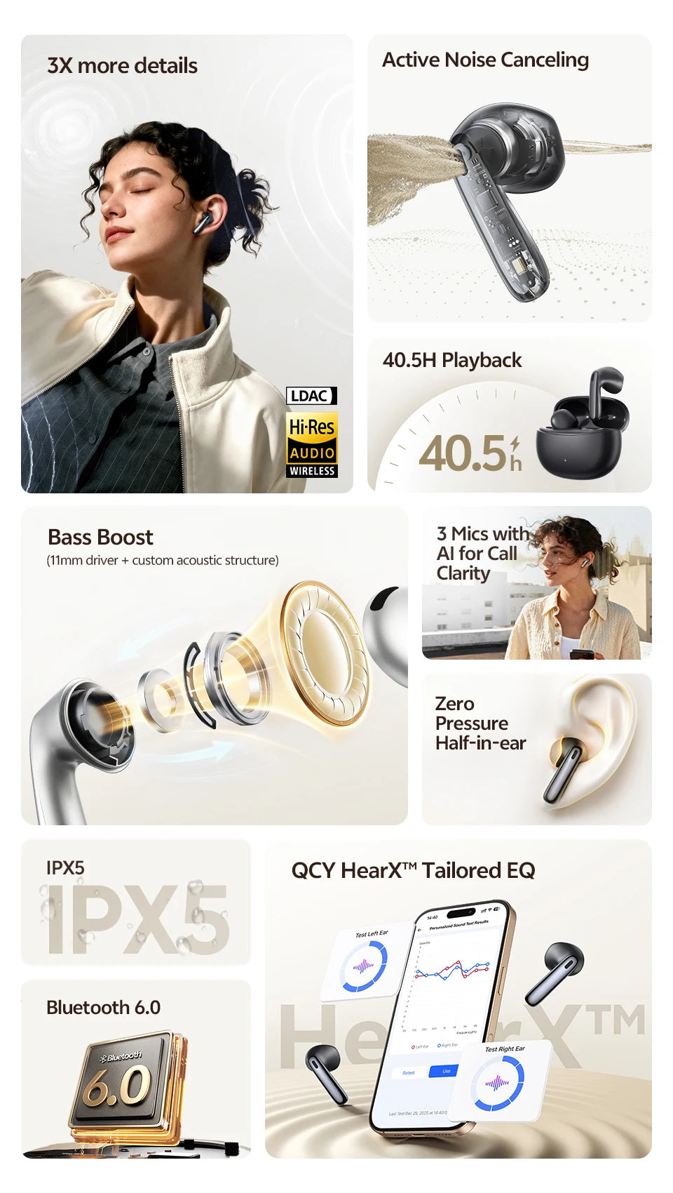 QCY AilyBuds E50 HT11 Wireless Earphones Hi-Res Adaptive Hybrid ANC Headphone Bluetooth 6.0 Spatial Sound Earbuds 11mm Drivers