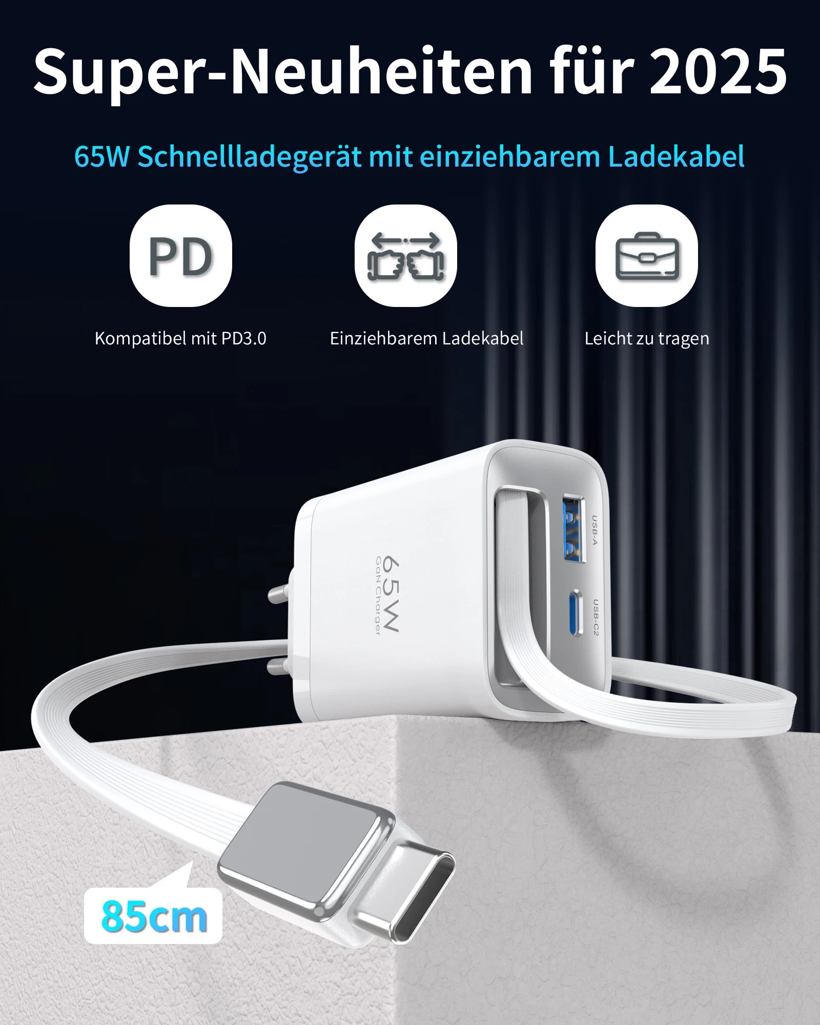 65W GaN PD3.1 Fast Charger With Retractable Cable , 3-Port Type-C + USB-A Travel Adapter For IPhone ,  Laptops, Galaxy Series