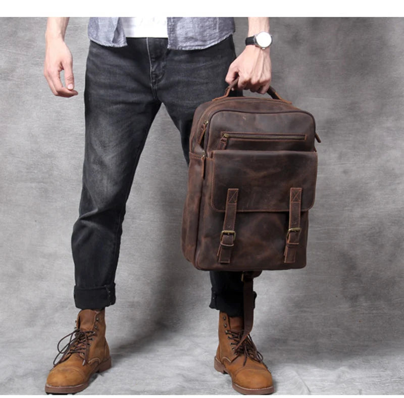 Vintage Crazy Horse Genuine Leather Backpack Men Bagpack Cowhide Hiking Backpack 17