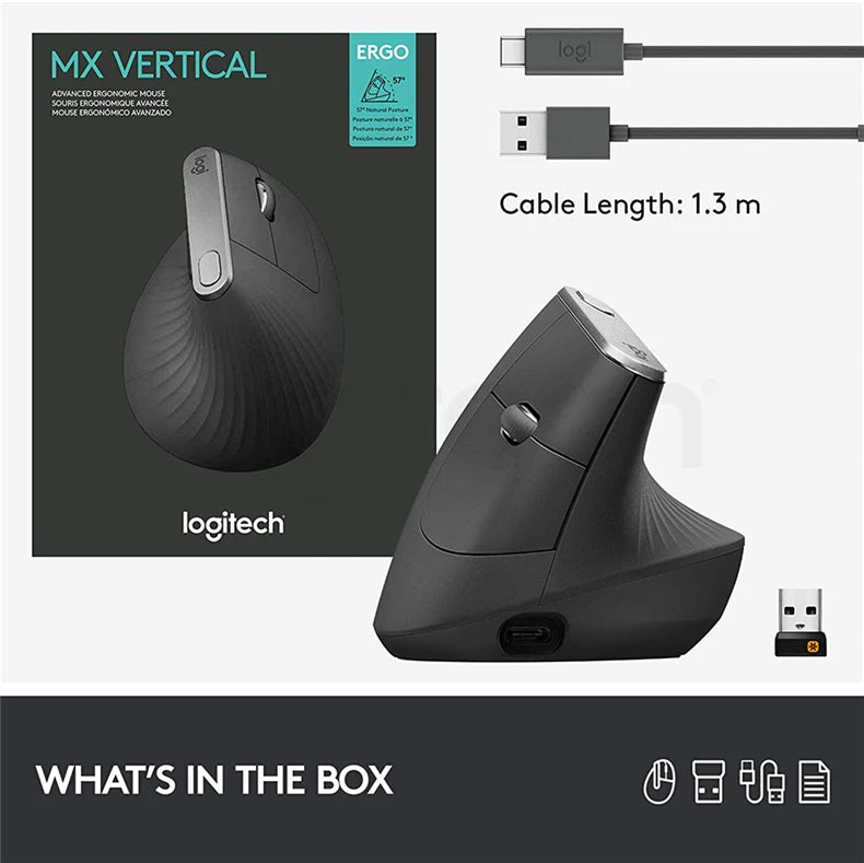Logitech MX Vertical Wireless Mouse – Ergonomic Design Reduces Muscle Strain, Move Content Between 3 Windows and Apple Computer