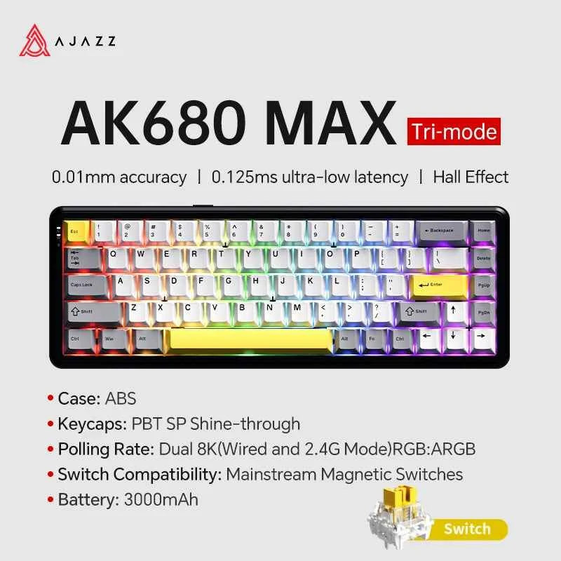 AJAZZ AK680 MAX Magnetic Switch Mechanical Keyboard 60% Rapid Trigger 0.01mm 8K/1K Return 68 keys Gaming Keybaord