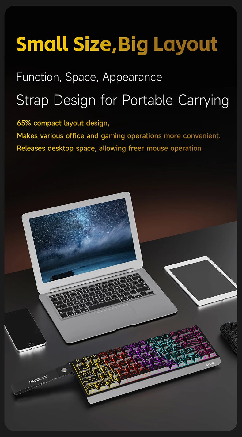 AJAZZ NK68 V2 gaming mechanical keyboard features hot-swappable keys, color backlighting, and is portable for office use