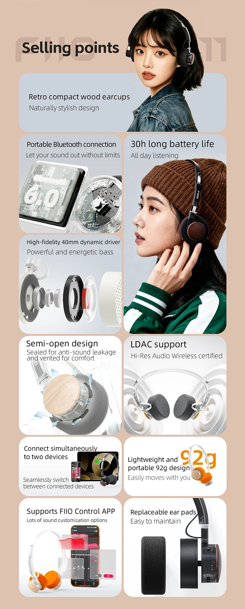 FIIO EH11 On-Ear Bluetooth Headphones, Powerful Bass & LDAC Hi-Res Audio, Lightweight Retro Design, 30H Battery, Dual Device & A