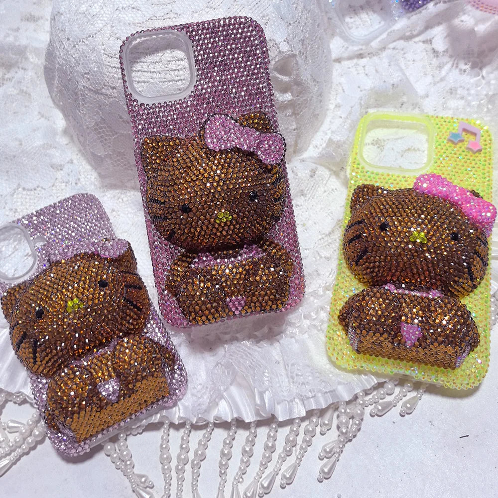 Christmas Hello Kitty Rhinestone Crystal Phone Case Chain For iPhone17 16 15 14 13 12 11Pro Max X Xs XR 7 8 Plus Transparent
