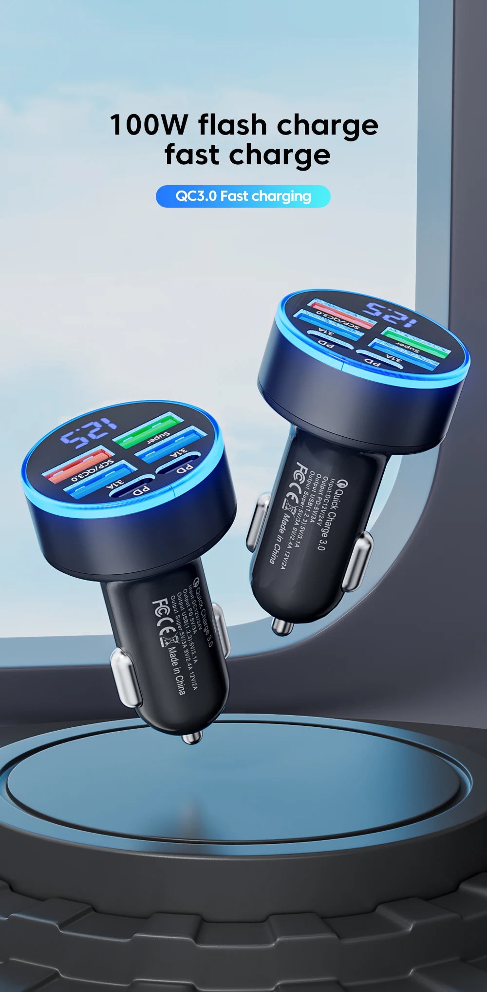 100W 6 Ports Car Charger Fast Charging USB Type C Car Lighter PD QC3.0 Car Phone Charger For iPhone Samsung Huawei Xiaomi