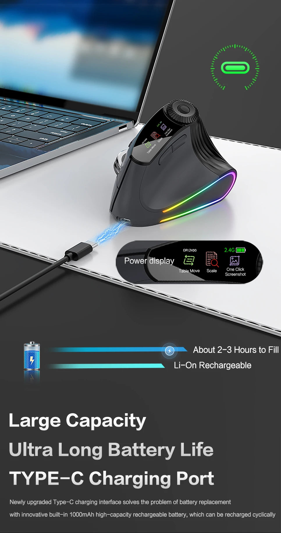 JOMAA Backlit Bluetooth Wireless Vertical Mouse With OLED Screen Rechargeable USB Wired Gaming Mouse 24000DPI Speed Roller