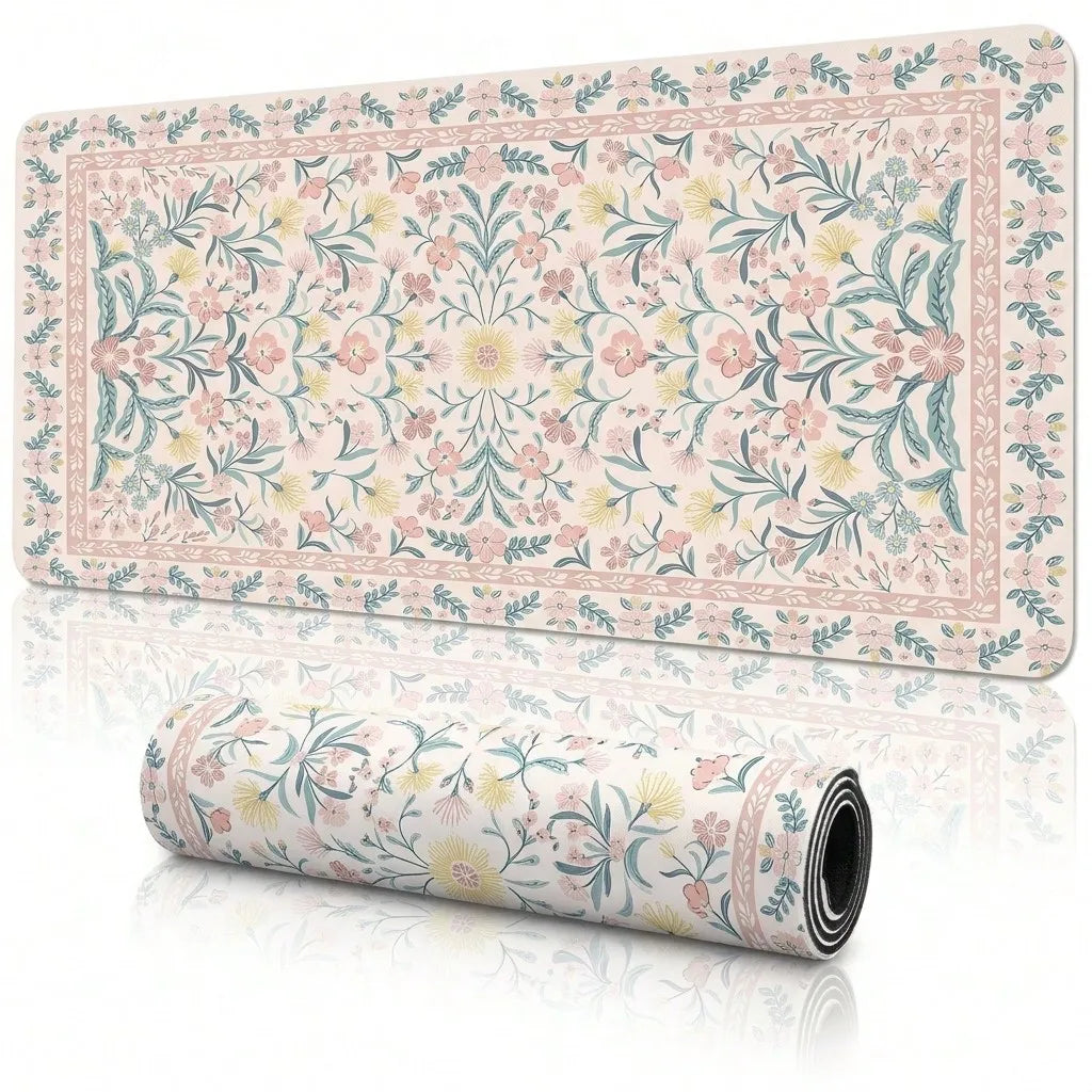 Pink Floral Pattern Desk Mat, Non-Slip Rubber Base, Can Be Used As Mouse Pad, Desk Protector, Study Mat, Keyboard Pad, Multiple Sizes Available, Ideal Gift For