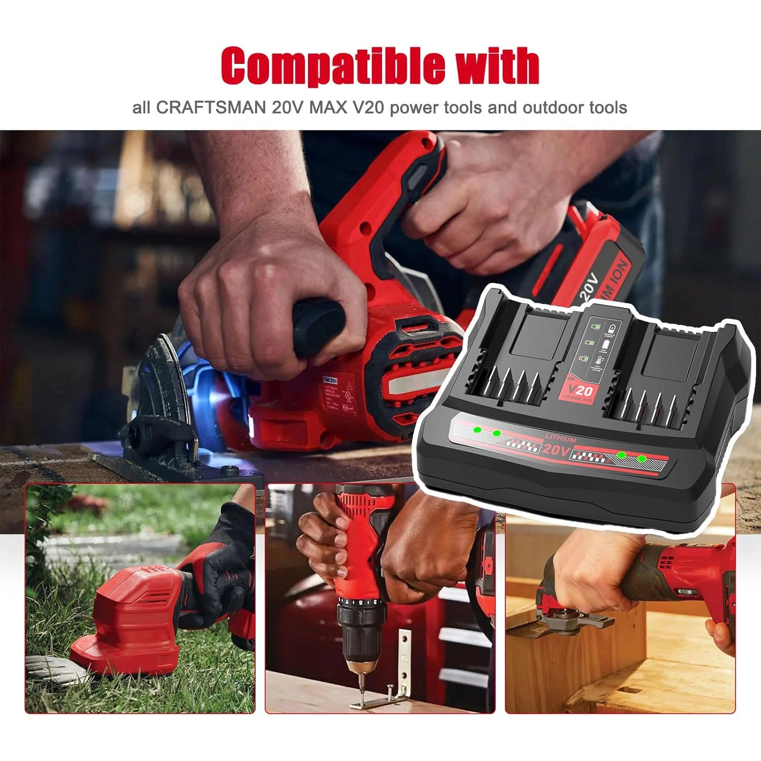 Dual Port CMCB124 Charger for Craftsman 20V Battery Charger CMCB202 CMCB201 CMCB209 CMCB100 CMCB101 CMCB102