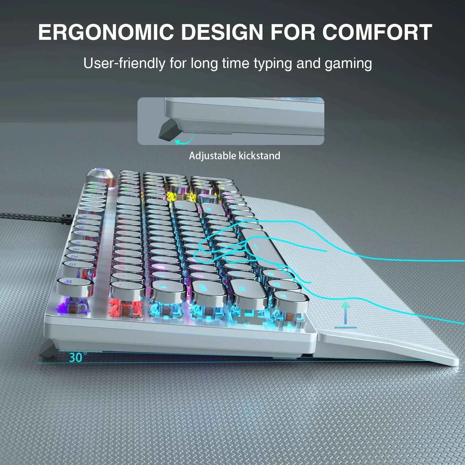 F2088 Mechanical Keyboard Round 104 keys Blue Mechanical Switch Gaming Keyboard RGB Backlit Ergonomic Design