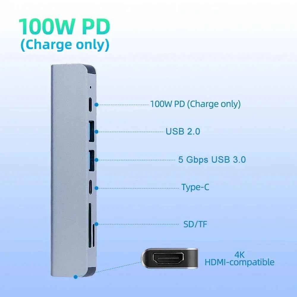 USB C Hub 7 in 1 HDMI 4K Type C Adapter OTG Thunderbolt 3 Dock PD TF SD Macbook iPad XPS Surface Laptop Compatibility