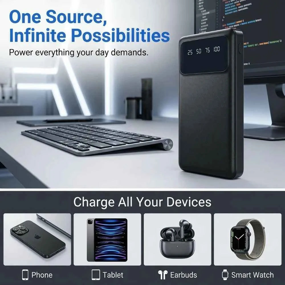 Travel Outdoor Must-have 20000mAh Large Capacity Power Bank, 5V 2.1A Stable Current Portable USB External Battery Charger with LED Digital Remaining Power Screen, Dual USB Output Dual Type-C Micro Input Interface, Premium Saf