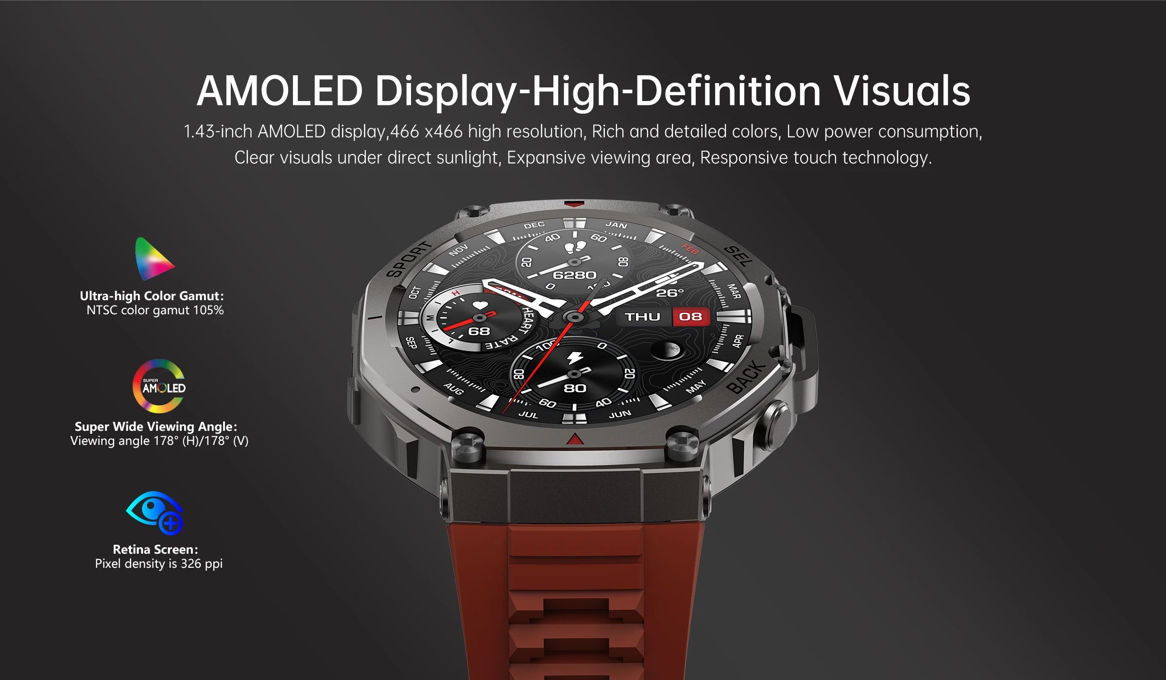 New Rugged GPS DM58 Smart Watch 500mAh Battery 170 Sport Modes 5ATM Waterproof Bt Call AMOLED Display Fitness Outdoor