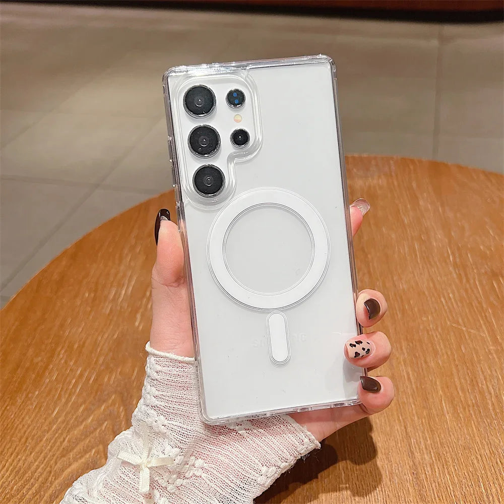 Magnetic charging phone case for Samsung S22 to 25 A14 15 16 35 36 54 56, transparent acrylic ultra-thin protective case