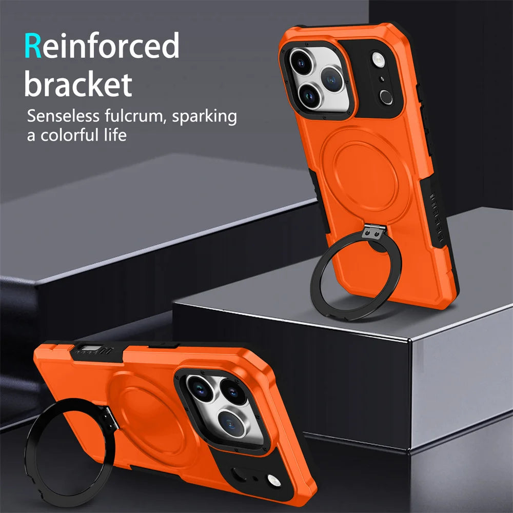 Luxury Anti-slip Frame Armor Magnetic Stand Phone Case For iPhone 17 Pro Max Plus Double Layer Protection Shockproof Back Cover
