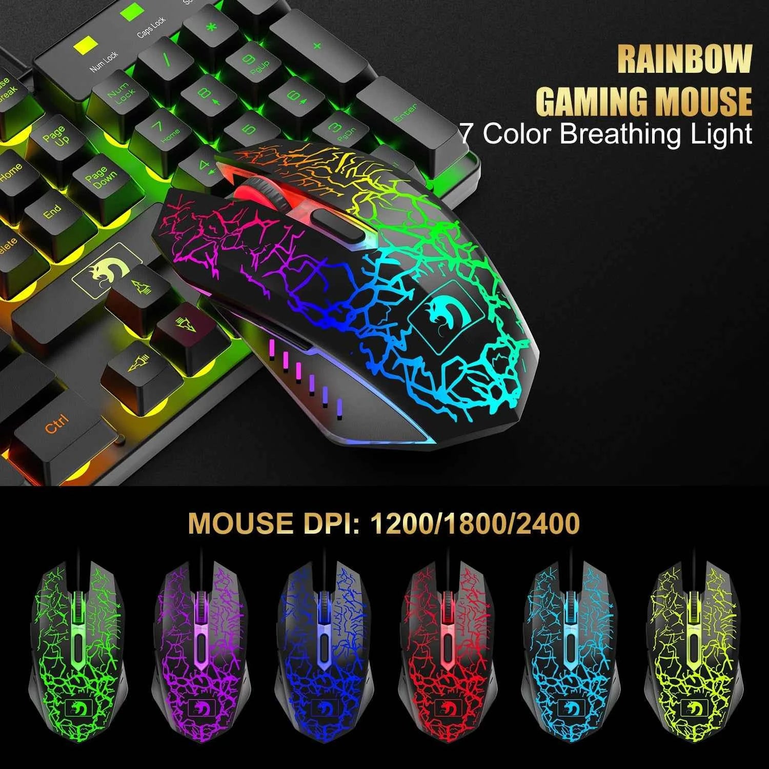 MANBASNAKE T11 Gaming Combo: Wired Keyboard, Mouse, and Rainbow LED Backlit Headset